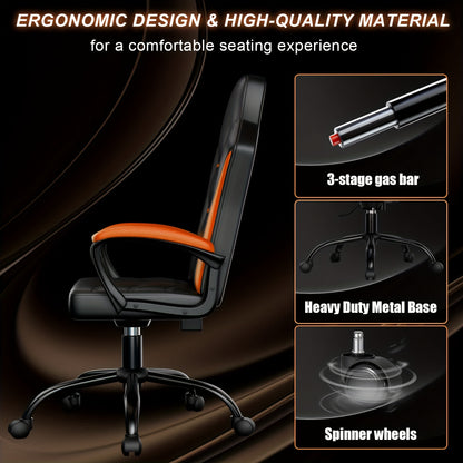Ergonomic Computer Gaming Chair, Home Office Desk with PU Leather Lumbar Support, Height Adjustable Big and Tall Video Game, Swivel Wheels for Adults, Orange