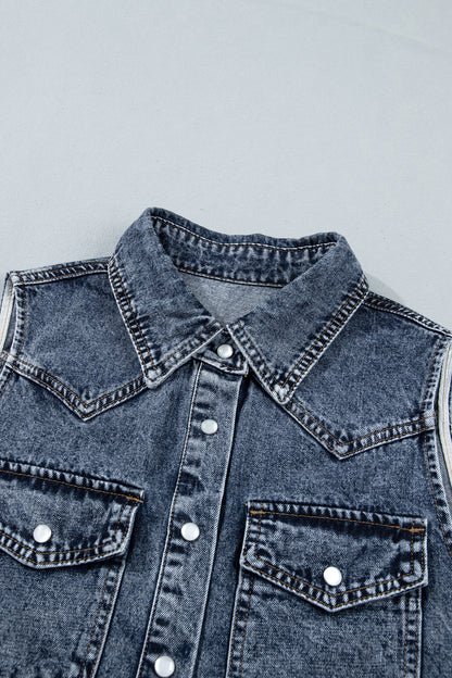 Ashleigh Blue Solid Denim Button Front Pocket Sleeveless Cowboy Vest