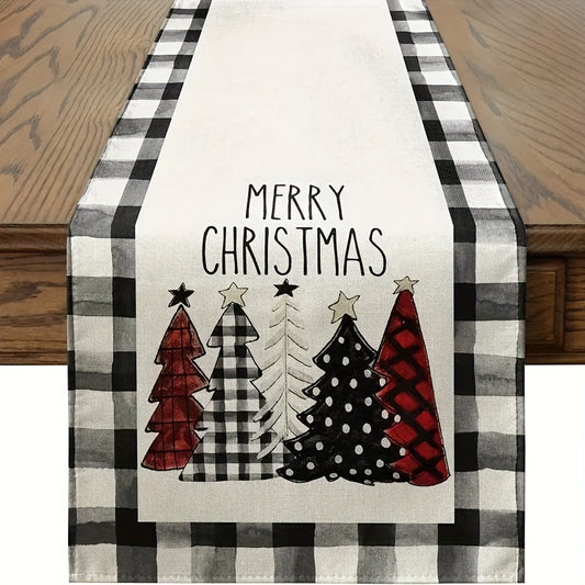 1pc Waterclor Buffalo Plaid Christmas Trees Merry Xmas Table Runner, Seasonal Winter Holiday Kitchen Dining Table Decoration for Indoor Outdoor Home Party Decor 13x48 Inch/13x72 Inch/13x108 Inch
