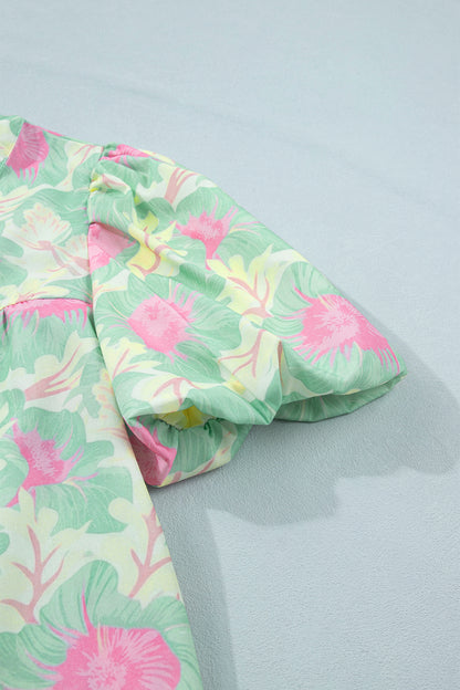 Green Short Bubble Sleeve Summer Floral Blouse