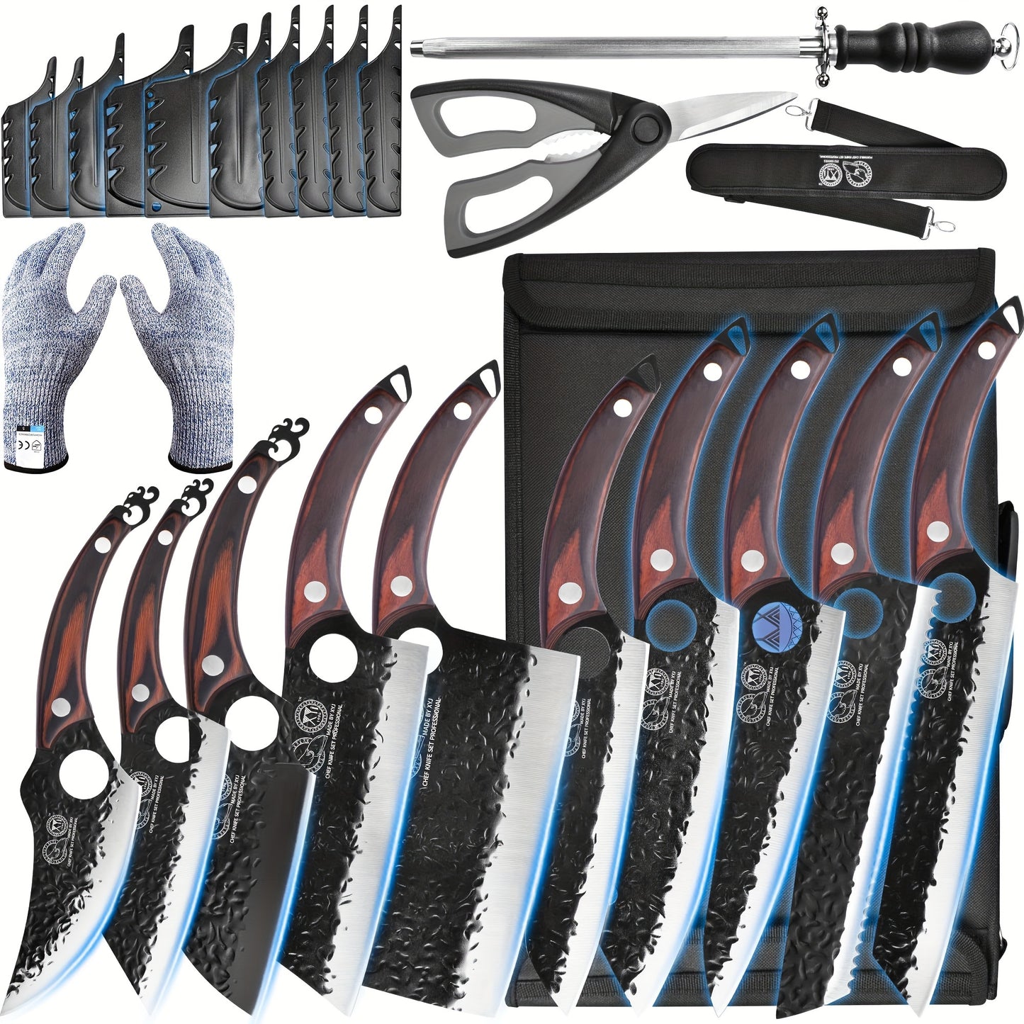 Professional Forged Knife Set With Roll Bag Scissors Honing Steel Whetstone, 10 Pcs Kitchen Knives Large Butcher Knife Set, Personalized Gifts For Women Men Birthday Christmas Mothers Fathers Unique Presents For Mom Dad Frien
