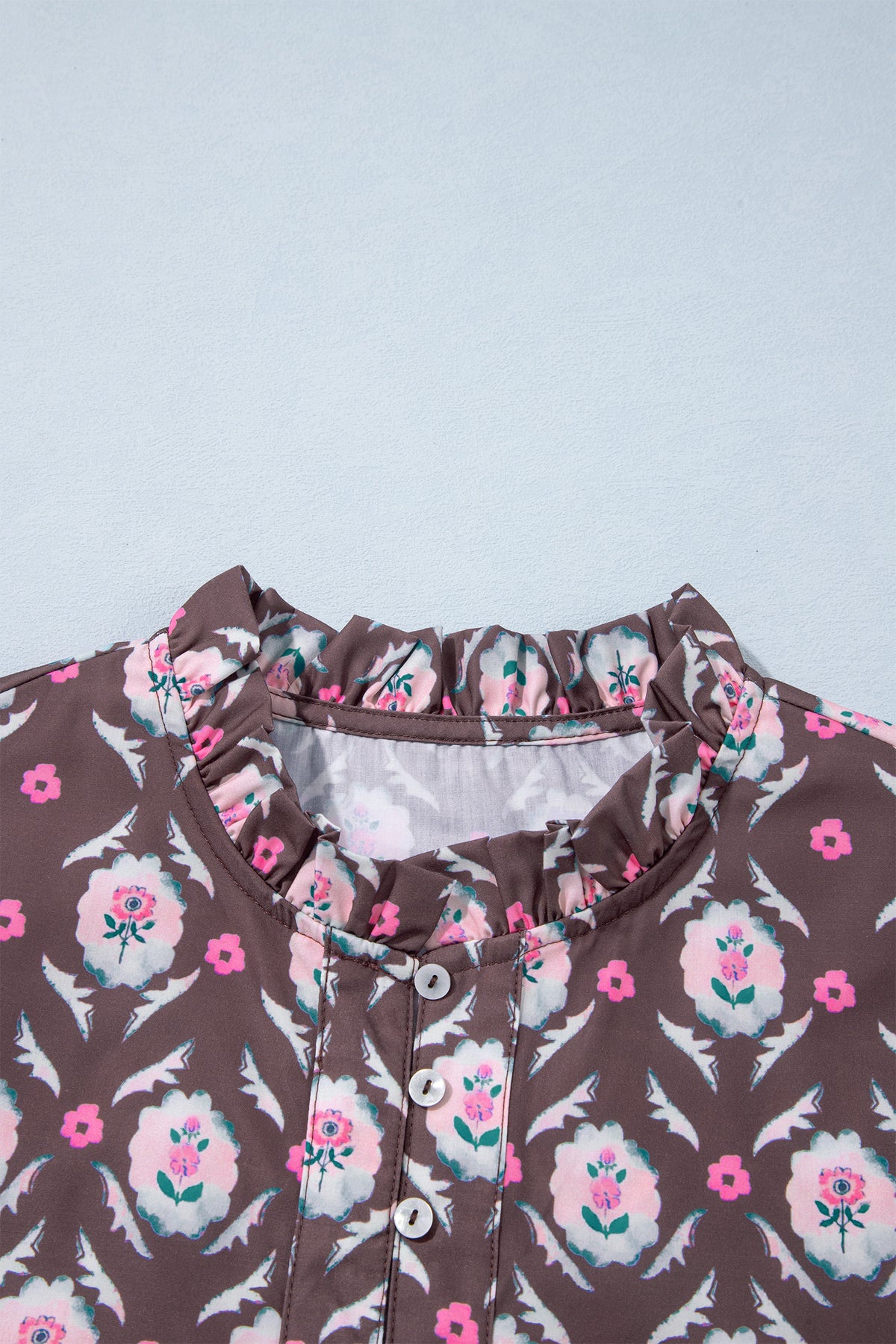 Brown Floral Print Button Front Ruffle Hem Midi Dress