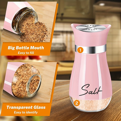 Salt and Pepper Shaker Set, 4oz Glass Bottom Salt and Pepper Shaker, Suitable for Kitchen, Dining Table, RV, Camping, BBQ, Refillable Design (Pink)