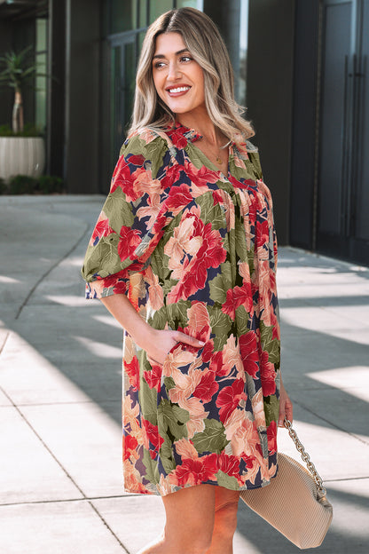 Green Floral Print Frilled Collar V Neck Half Sleeve Mini Dress