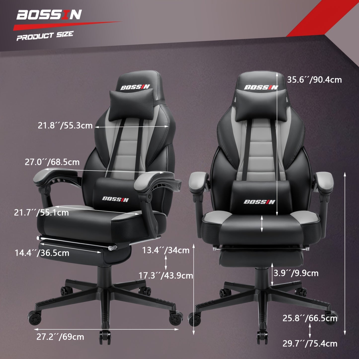 BOSSIN Gaming Chair With Massage, PU Leather Computer Desk Chair With Footrest And Headrest, Ergonomic Heavy Duty Design, Large Size High-Back E-Sports - For Gamers - Suitable for Long Hours of Gaming - Perfect Gift for Gamer