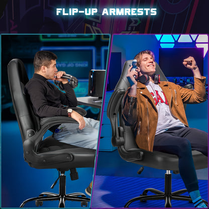 Gaming Chair, PU Leather Computer Gaming Chair, Ergonomic Home Office Desk Executive Chair, Height Adjustable Chair, Swivel Task PU Leather Racing Chair with Flip-up Armrest for Adults, Men, Girls, Gamer