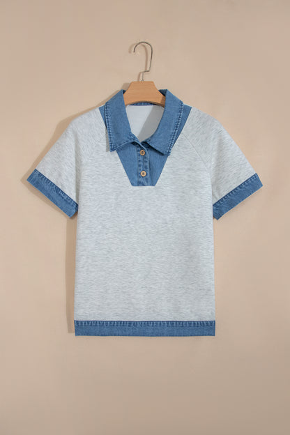 Light Grey Denim Contrast Collar Cuffed Short Sleeve Top