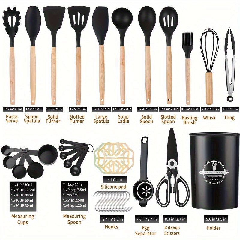 12/pcs, 37pcs, BPA FREE Silicone Cooking Utensils Set With Wooden Handle, Colorful Non-stick Pot Special Cooking Tools Set, Heat Resistant Turner, Tongs, Spatula, Spoon, Oil Brush And Whisk, Kitchen Supplies, Kitchen Supplies