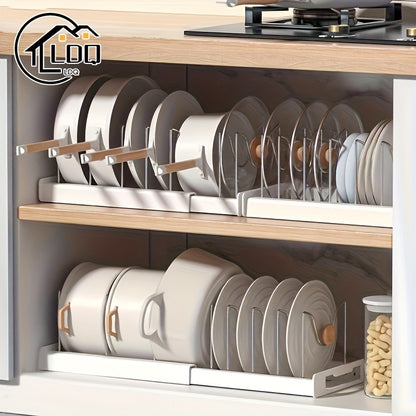 [1pc Adjustable Pot Organizer Rack] 1pc Expandable Stainless Steel Pot Organizer Rack with Adjustable Dividers, Uncharged Multi-Purpose Kitchen Cabinet Cookware Storage Solution for Pots and Pans Organization