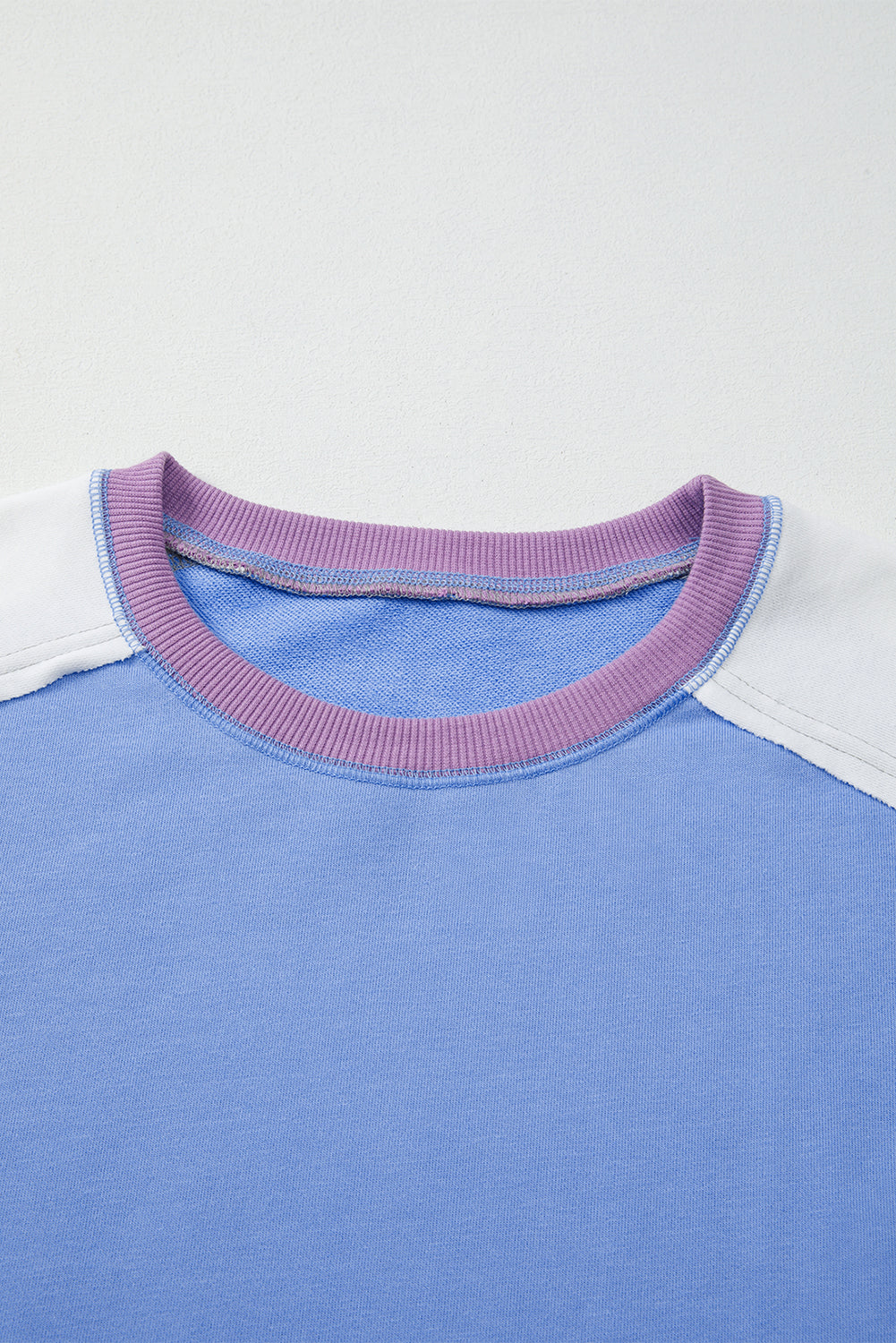 Blue Exposed Seam Colorblock Patchwork Ribbed Trim Pullover Sweatshirt