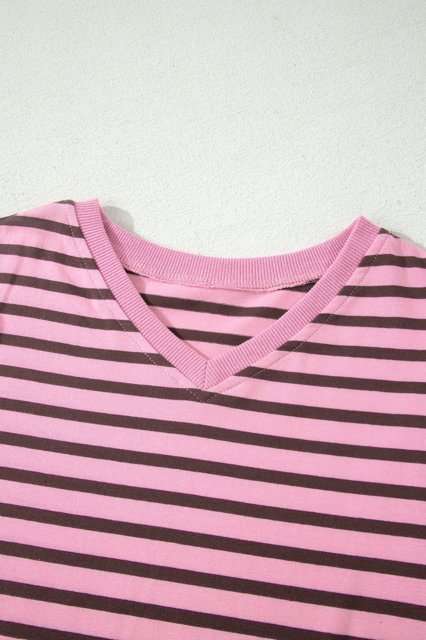 Rose Stripe Striped V-Neck Ribbed Collar Cuff Gathering Puff Sleeve Top