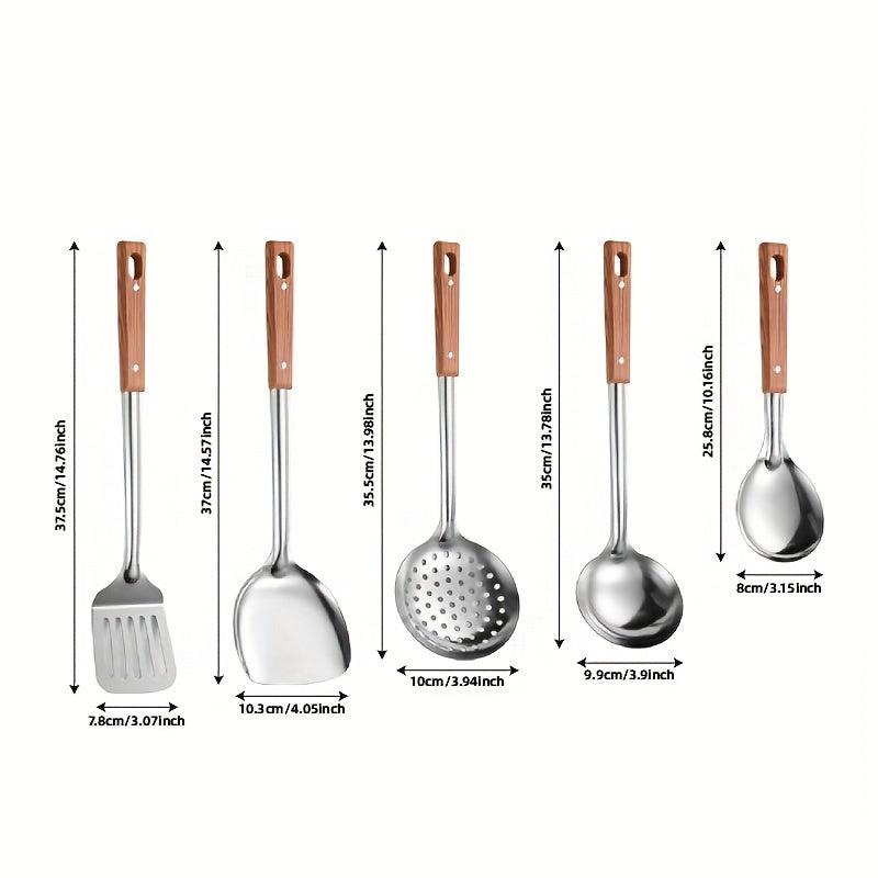 5pcs Stainless Steel Kitchen Utensil Set with Wooden Handles - Durable Metal Cooking Tools Including Slotted Turner, Solid & Slotted Spoons, Rice Paddle - Non-Electric, Rust-Resistant Cookware Accessories