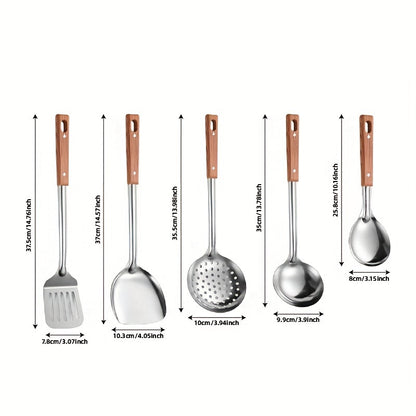 5pcs Stainless Steel Kitchen Utensil Set with Wooden Handles - Durable Metal Cooking Tools Including Slotted Turner, Solid & Slotted Spoons, Rice Paddle - Non-Electric, Rust-Resistant Cookware Accessories