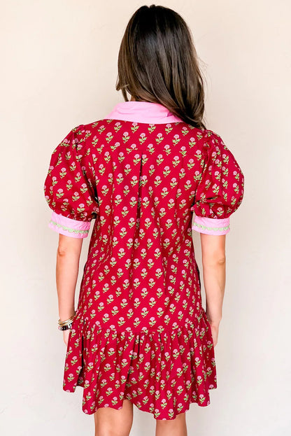 Red Floral Print Contrasted V Neck Short Bubble Sleeve Mini Dress