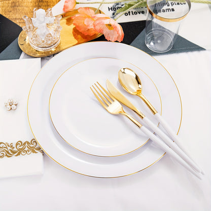 700pcs Golden Disposable Dinnerware Set, White Plastic Plates, Disposable Heavy Duty Tableware Set, Include 100 Golden Dinner Plates, 100 Dessert Plates, 300 Rolled Napkins With Golden Plastic Cutlery, 100 Plastic Cups, Party