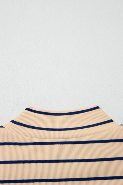 Khaki Stripe Mock Neck Short Sleeve Loose Top