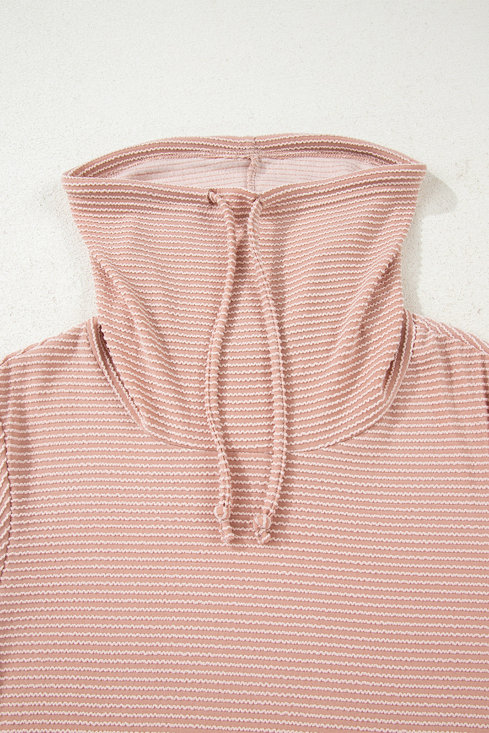 Pale Chestnut Horizontal Twist Ribbed Drawstring Cowl Neck Knit Top