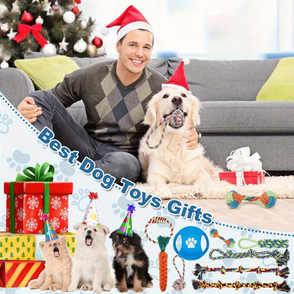 9pcs DOG LEASH TOY SET - Wear-resistant and bite-resistant pet toys - Suitable for small and medium-sized dogs - Machine washable and safe High-Quality material - Includes teething leash, tensile ring, interactive toys