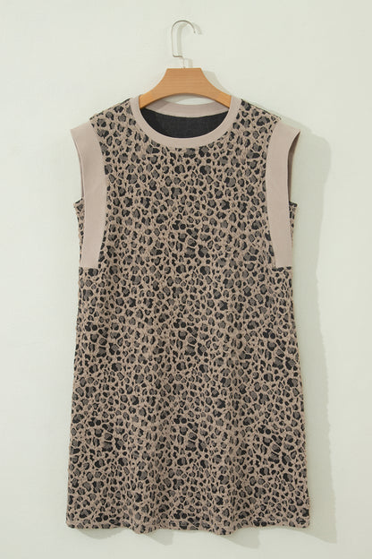 Khaki Leopard Textured Sleeveless Mini Dress with Pockets