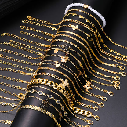 18-Piece Fashionable Simple Elegant Charm Anklets Set - Zinc Alloy Multi-Design Heart Butterfly Bead Chain Snake Chain Airplane Ball Chain Metal Anklets for Beach Party Vacation Casual Wear