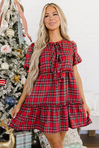 Red Plaid Knot Neck Short Sleeve Mini Shift Dress