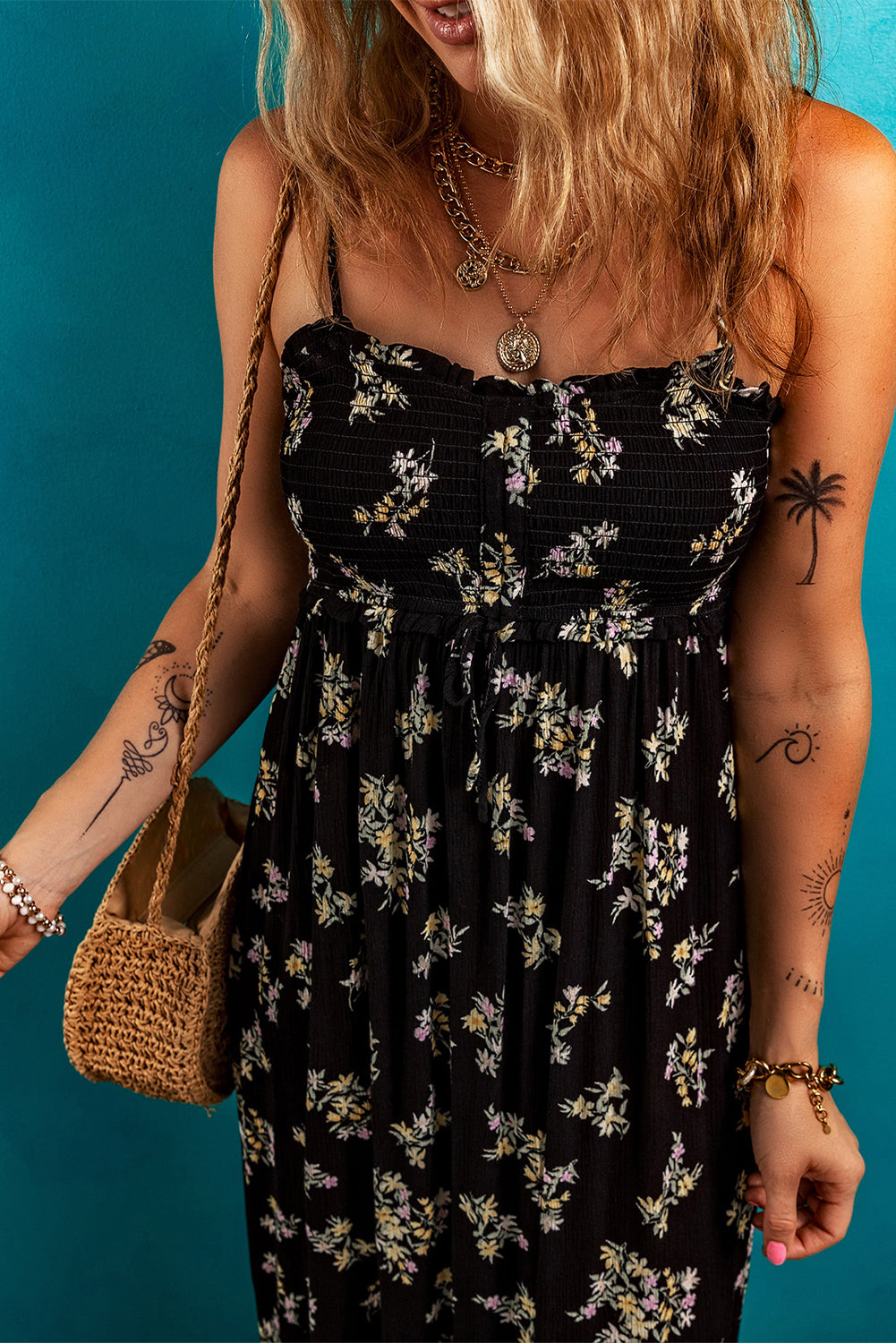 Black Floral Spaghetti Strap Shirred Bodice Tied Empire Waist Maxi Dress
