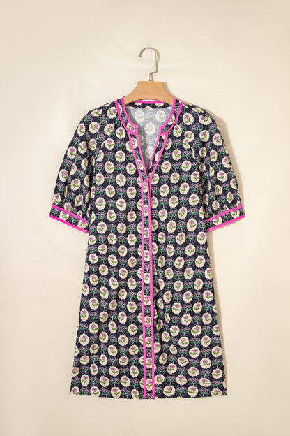 Blue Striped Trim Short Sleeve Vintage Floral Shift Dress