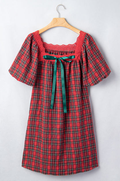 Red Plaid Square Collar Lace Trim Short Sleeve Shift Mini Dress