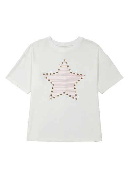 Beige Star Print Stud Detail Cotton Jersey Top