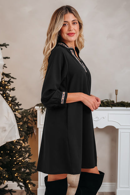 Black Contrast Trim V Neck Bracelet Sleeve Shift Mini Dress
