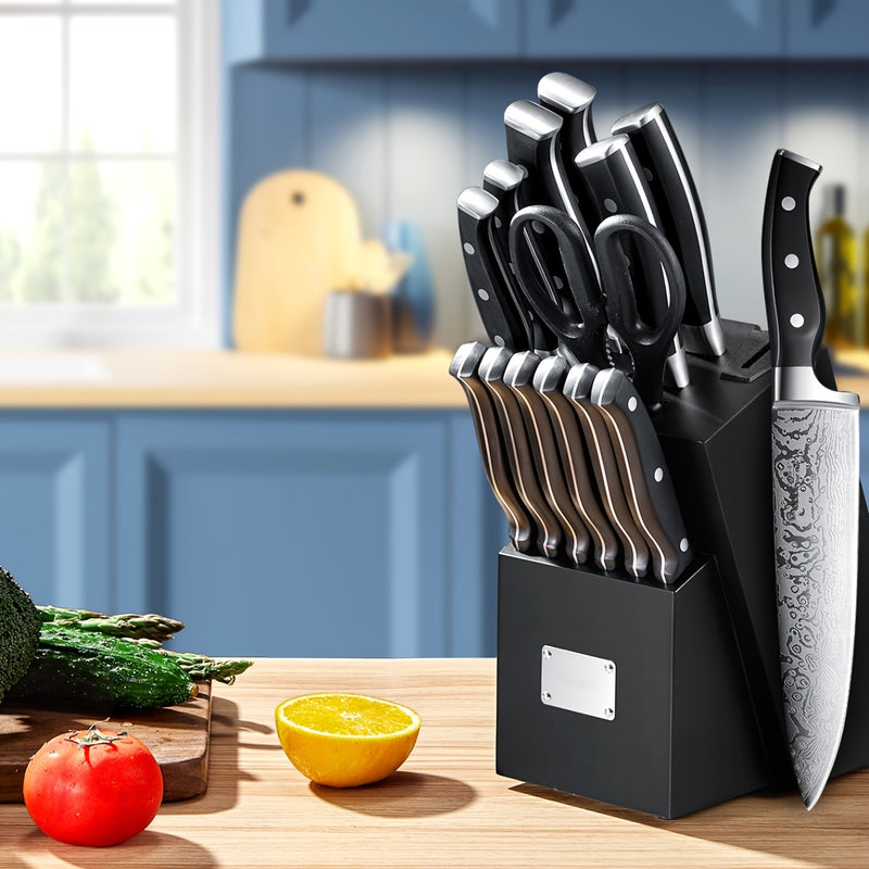 14 Pieces Kitchen Knife Set With Built-in Sharpener, Stainless Steel Kitchen Knives With Unique Waved Pattern, Non-slip Handle, Black
