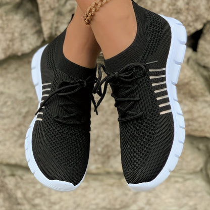 Women's Lightweight Knit Sneakers, Breathable Low-Top Lace-Up Casual Running Footwear, Fabric Upper and PU Cover Sole, Vibrant Color Sneakers, Versatile Running Shoes