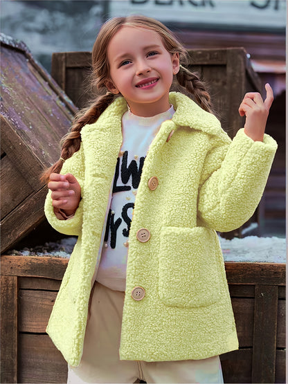 Girls' Lamb Fur Jacket | JOMAKE Korean-Style Lapel Collar, Two-Tone, Warm Windbreaker with Pockets, Lining, Button Closure, Long Sleeves for Winter