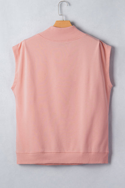 Pink Solid Color High Neck Cap Sleeve Loose Top