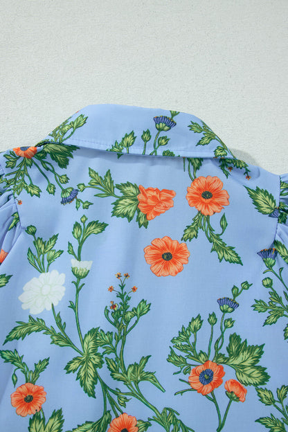 Sky Blue Floral Print Bracelet Sleeve Button Down Casual Shirt