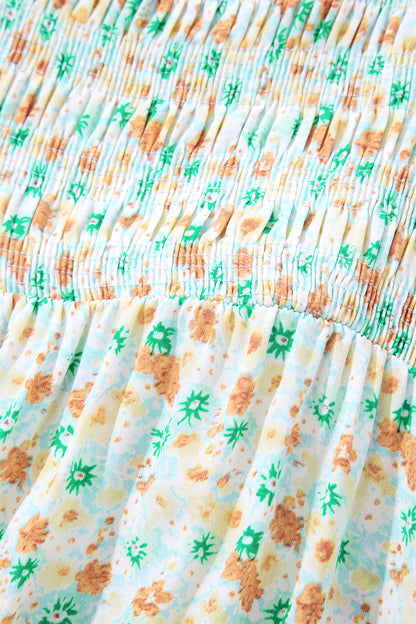 Green Floral Short Bubble Sleeve Shirred High Waist Maxi Dress