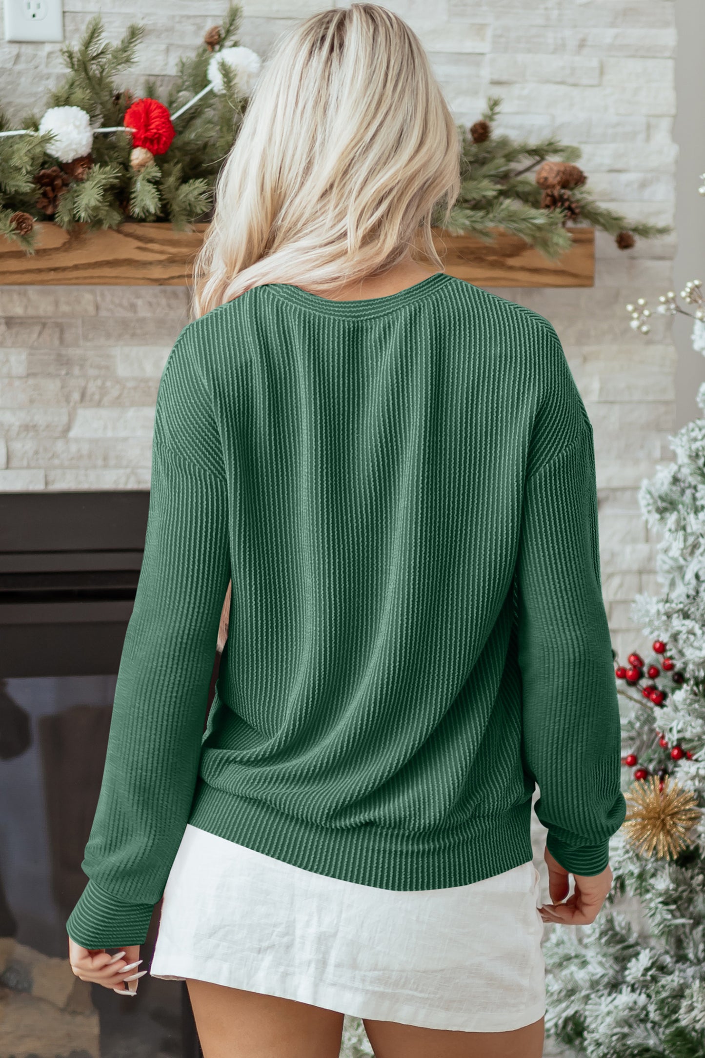 Blackish Green Twisted Rib Outlined Merry Letter Graphic Loose Long Sleeve Top