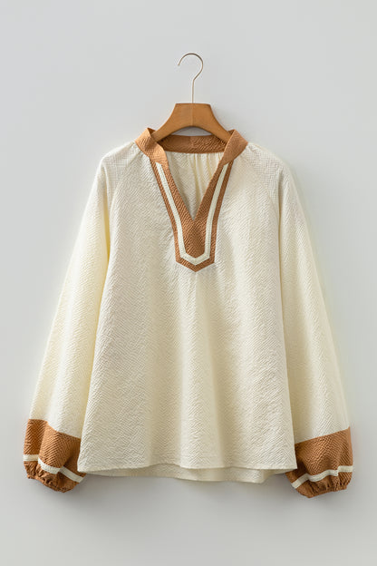 Jet Stream Color Block Patchwork Detail V Neck Textured Long Sleeve Blouse