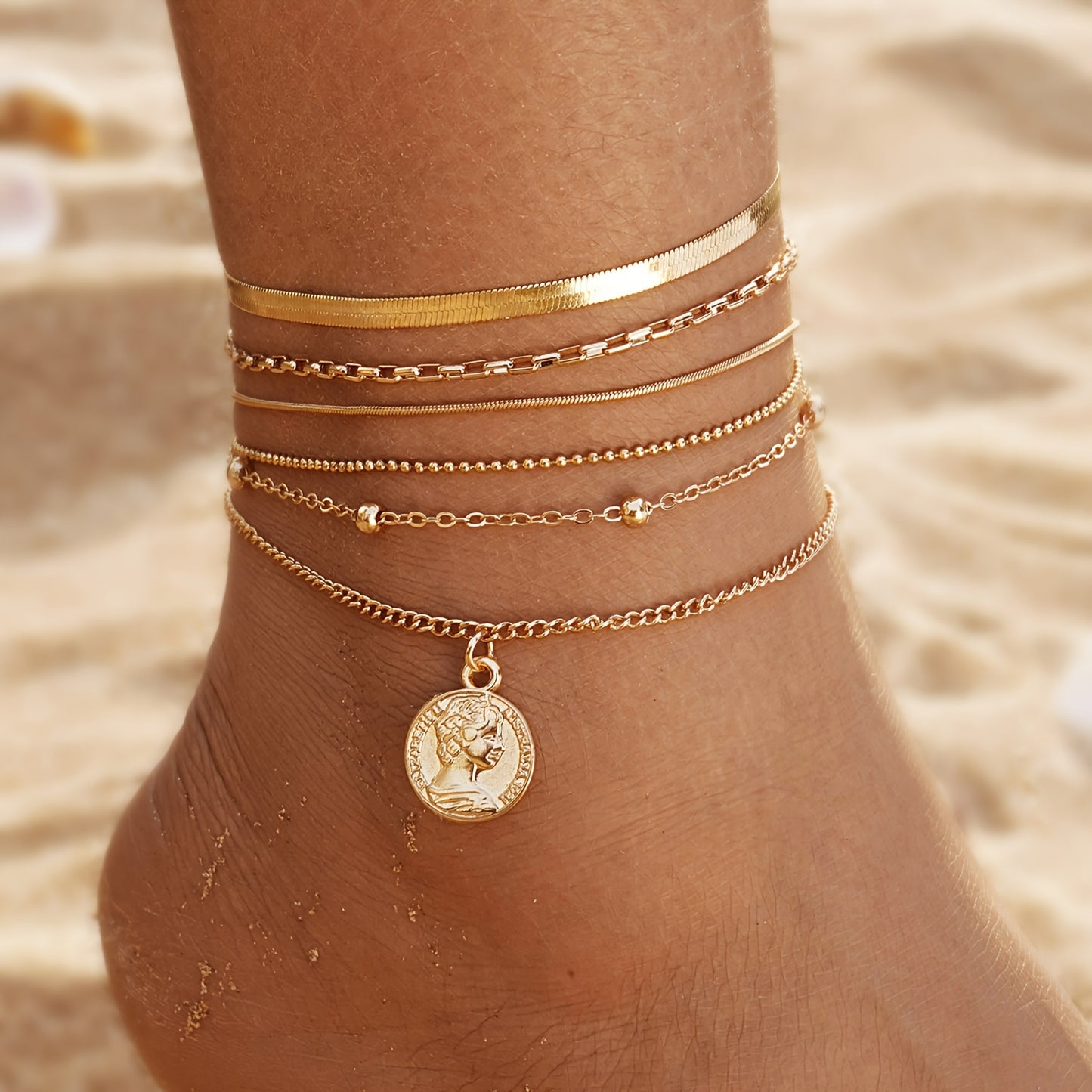 38pcs Bohemian Retro Anklets, Mixed Layered Chain With Star And Heart Pendants, Vintage Cuban Link Beach Vacation Jewelry, Multi-Layered Stackable Foot Chains For Women