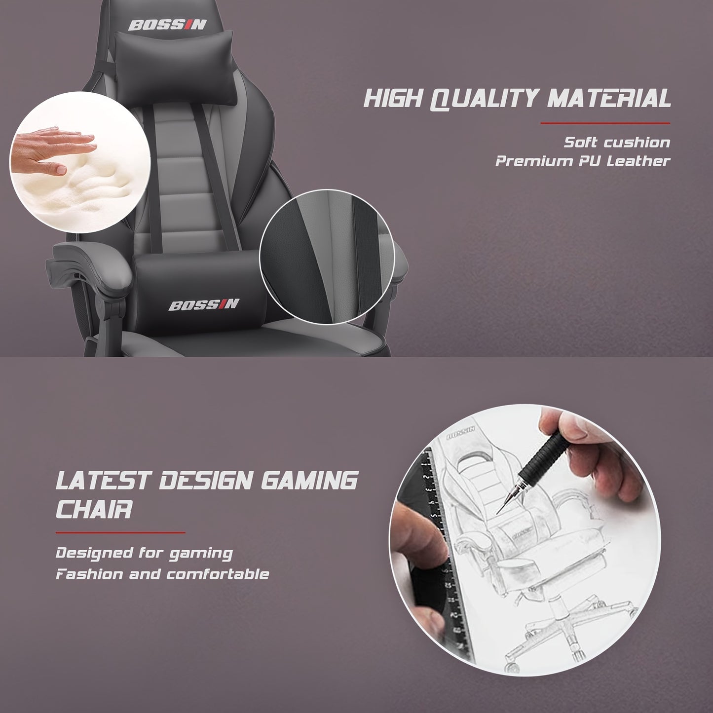 BOSSIN Gaming Chair With Massage, PU Leather Computer Desk Chair With Footrest And Headrest, Ergonomic Heavy Duty Design, Large Size High-Back E-Sports - For Gamers - Suitable for Long Hours of Gaming - Perfect Gift for Gamer