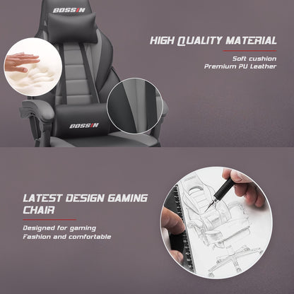 BOSSIN Gaming Chair With Massage, PU Leather Computer Desk Chair With Footrest And Headrest, Ergonomic Heavy Duty Design, Large Size High-Back E-Sports - For Gamers - Suitable for Long Hours of Gaming - Perfect Gift for Gamer