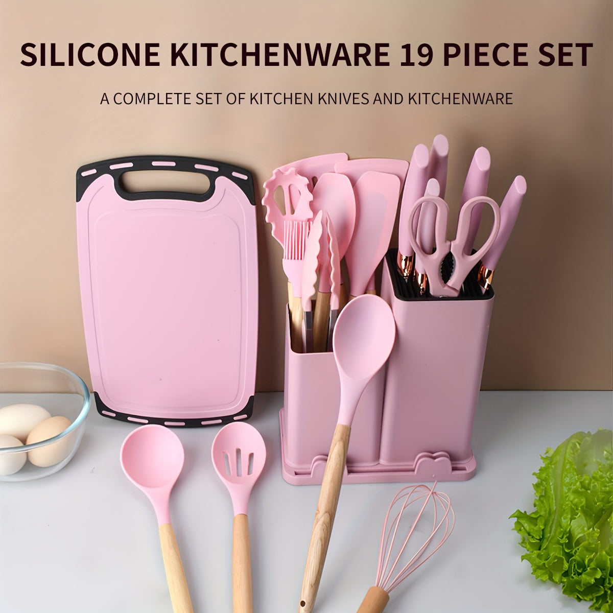 19-Piece Silicone Kitchen Utensil Set With Knife And Cutting Board, Storage Bucket, Set, Wooden Handles, Heat Resistant, Non-Stick Cooking Tools - Perfect Kitchen Gadgets For Easy Cooking And Cleaning, The Perfect Holiday Gif