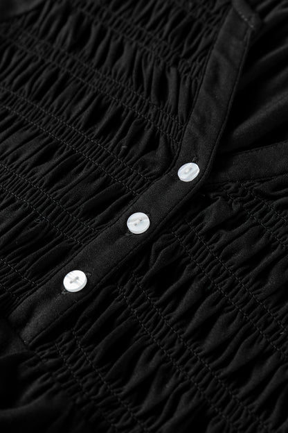 Black Smocked Bust Buttoned Split V Neck Flow Fit Blouse