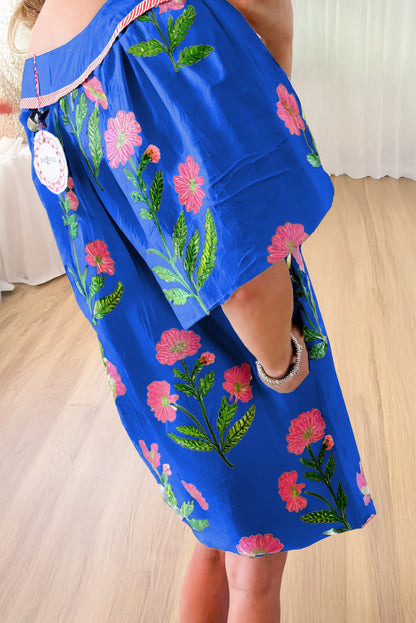 Blue Floral Short Sleeve Split Neck Loose Mini Dress