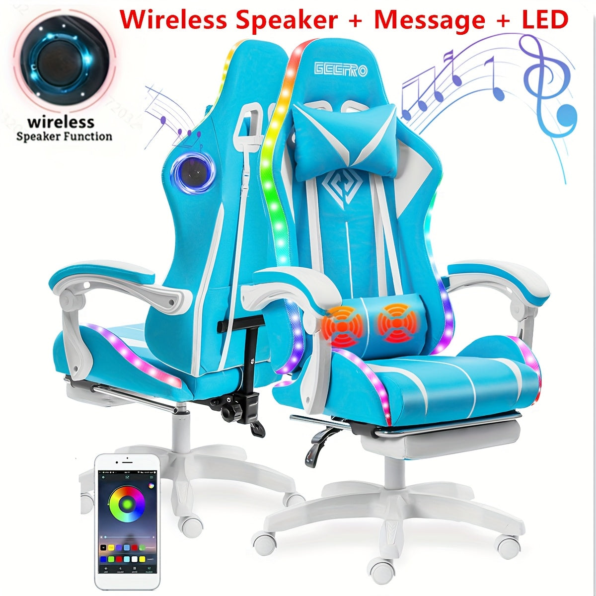 LED Gaming Chair With Wireless Speakers And Massage Big And Tall Video Game Chair For 397lbs With Footrest Reclining High Back Computer Desk Chair