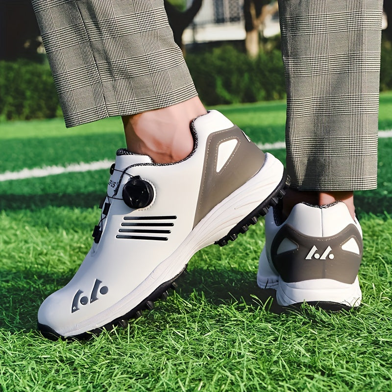 LEFUS Men's High Quality Golf Shoes with Non-Slip Rubber Sole & Swivel Button Closure - All-Weather All-Season Sneakers, Cushioned Insole, White & Black/Gray Athletic Footwear with Traction Tread - Ideal for Golf, Casual & Sp