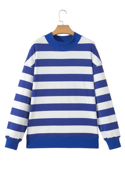 Blue Stripe Colorblock Mock Neck Relaxed Sweatshirt