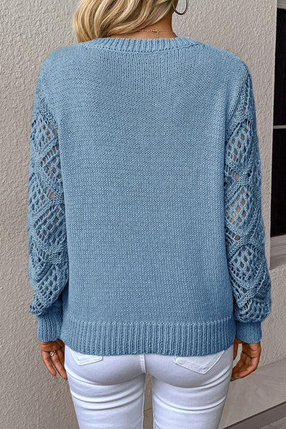 Black Solid V Neck Pointelle Knit Sleeve Patchwork Sweater