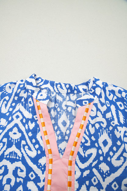 Blue Western Fashion Print Striped Color Block Patchwork Shift Mini Dress