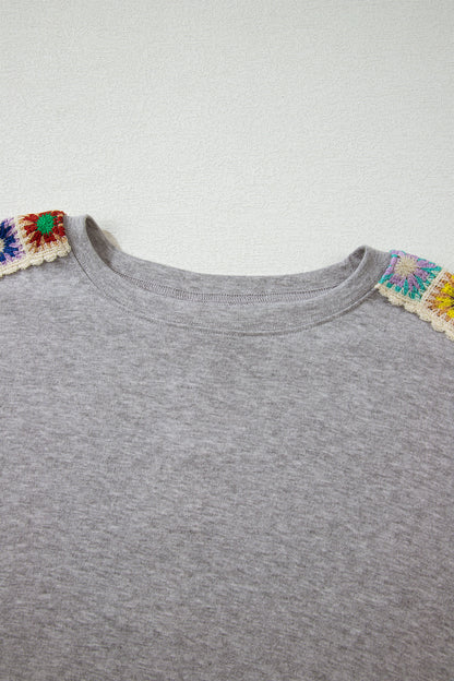 Light Grey Granny Square Crochet Detail Loose T Shirt